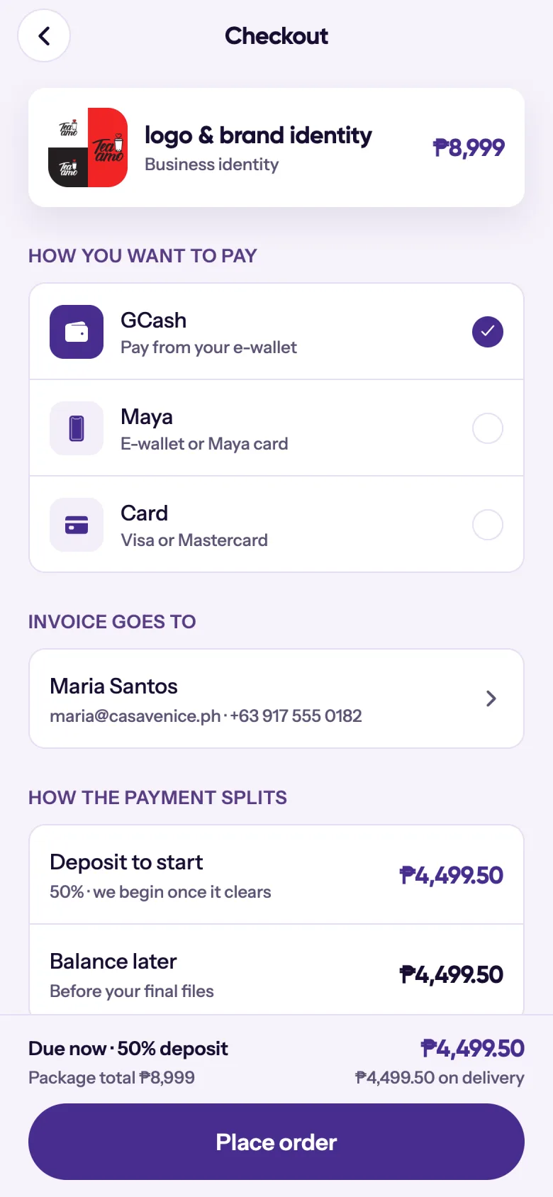 Checkout offering GCash, Maya and card, split into a deposit and a balance