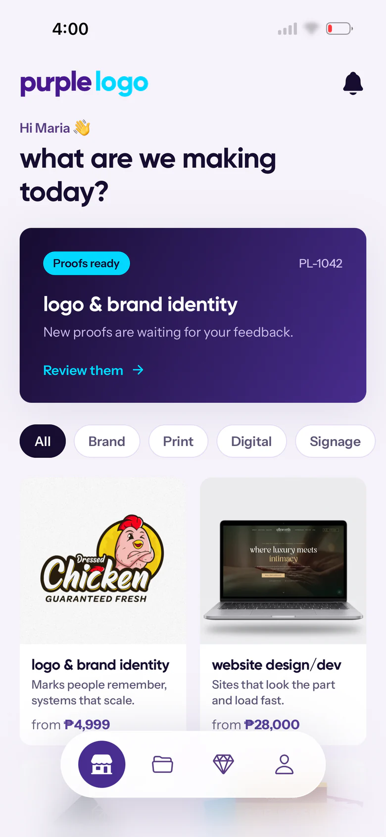 The Purple Logo app home screen: a project with proofs ready to review, and the studio's services with their prices