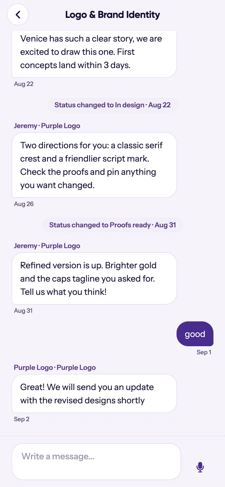 A message thread with the designer working on the project