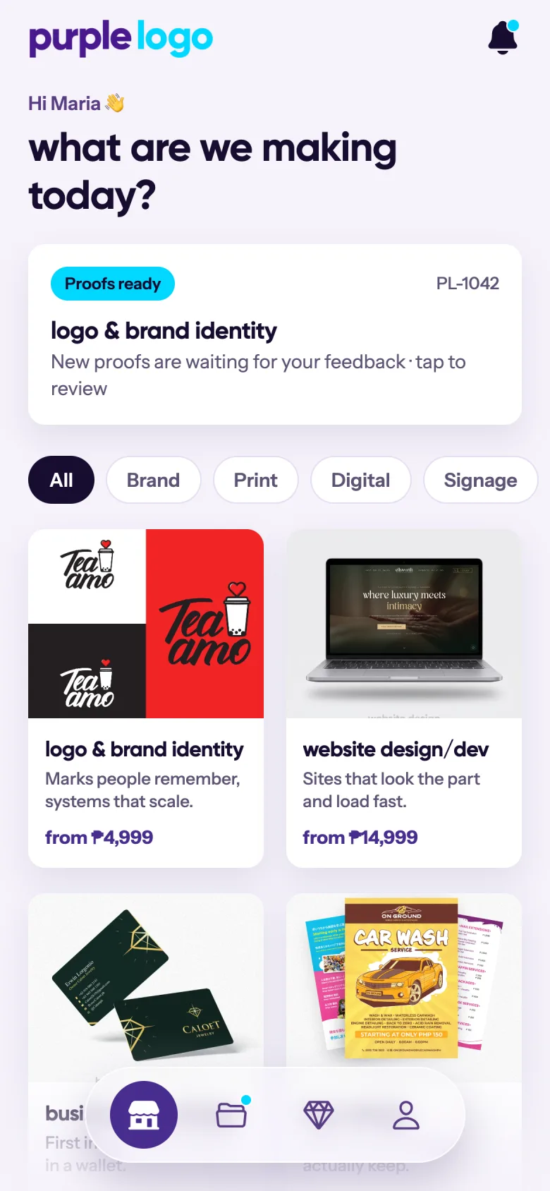The Purple Logo app store screen listing design services with prices