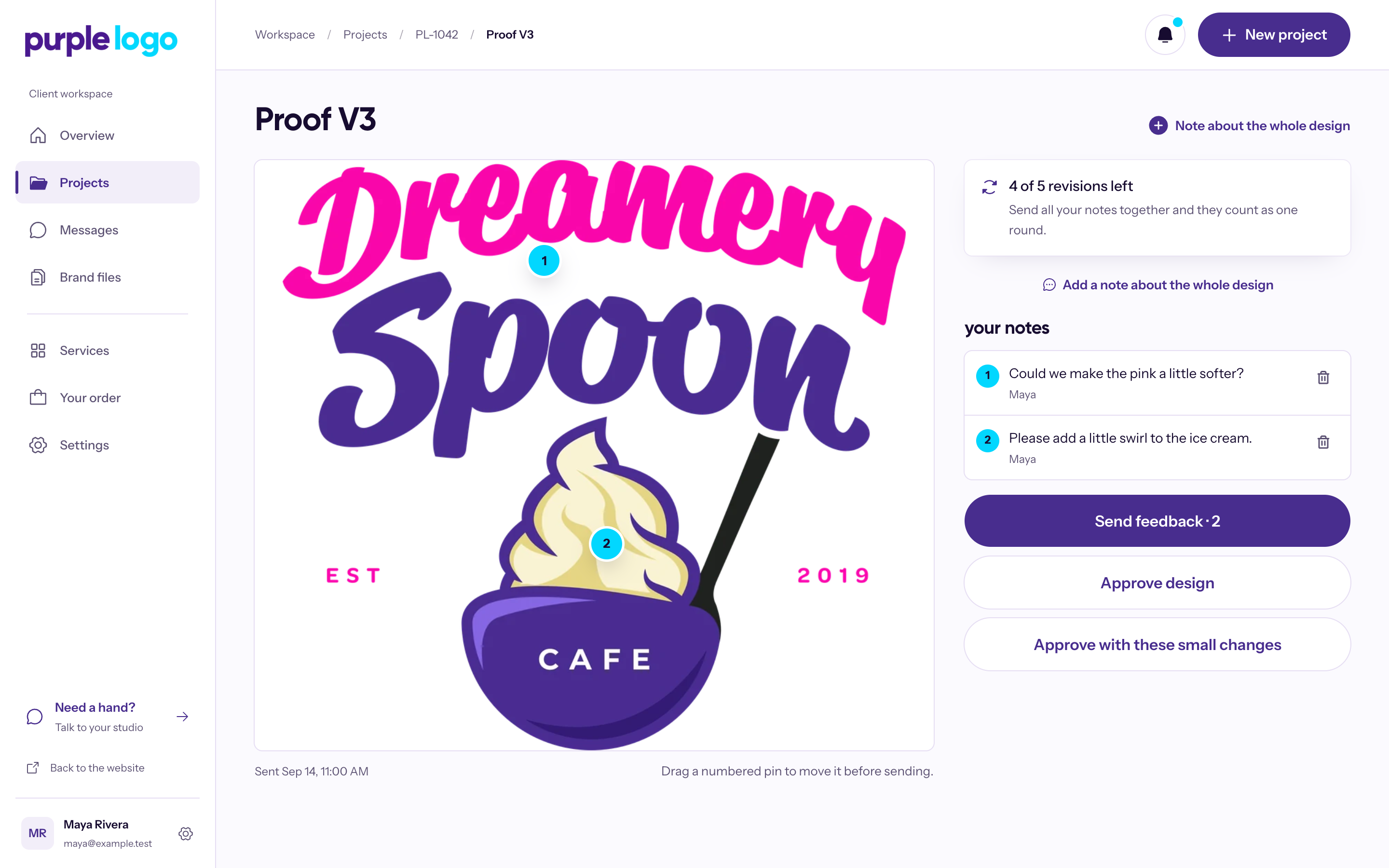 Proof review of the Dreamery Spoon Cafe logo with numbered pins, notes, and approve or send-feedback actions.