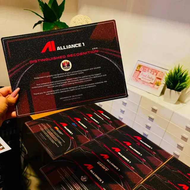 Alliance 1 recognition plaques printed by The Print Pantry
