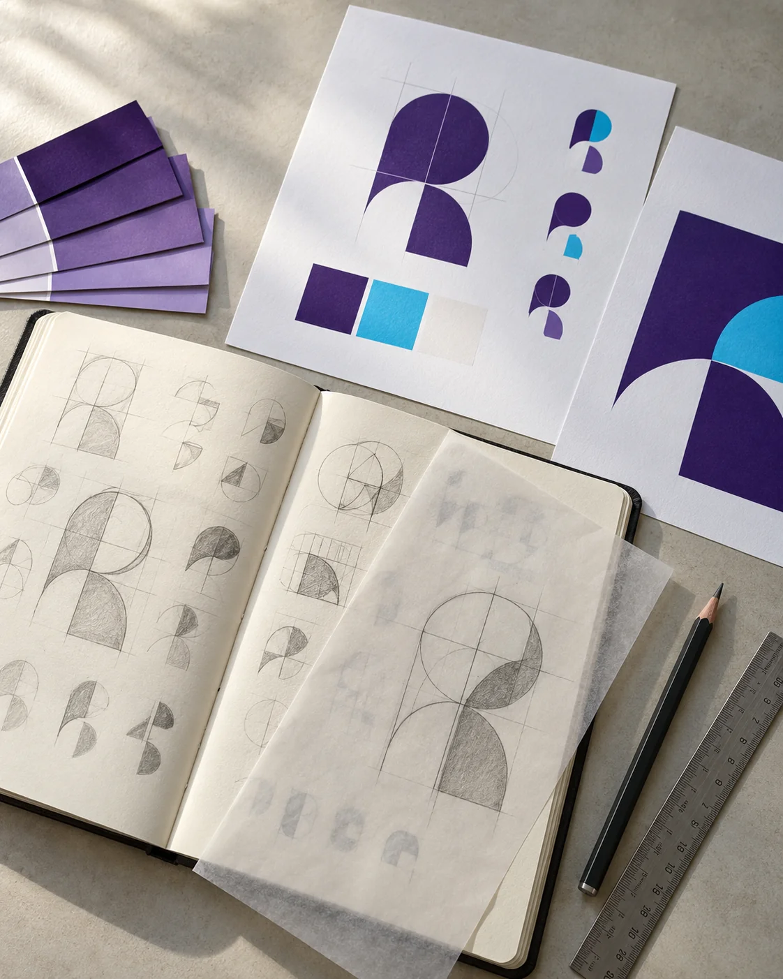 Design process concept with pencil sketches, purple and cyan color studies, and printed proofs on a worktable