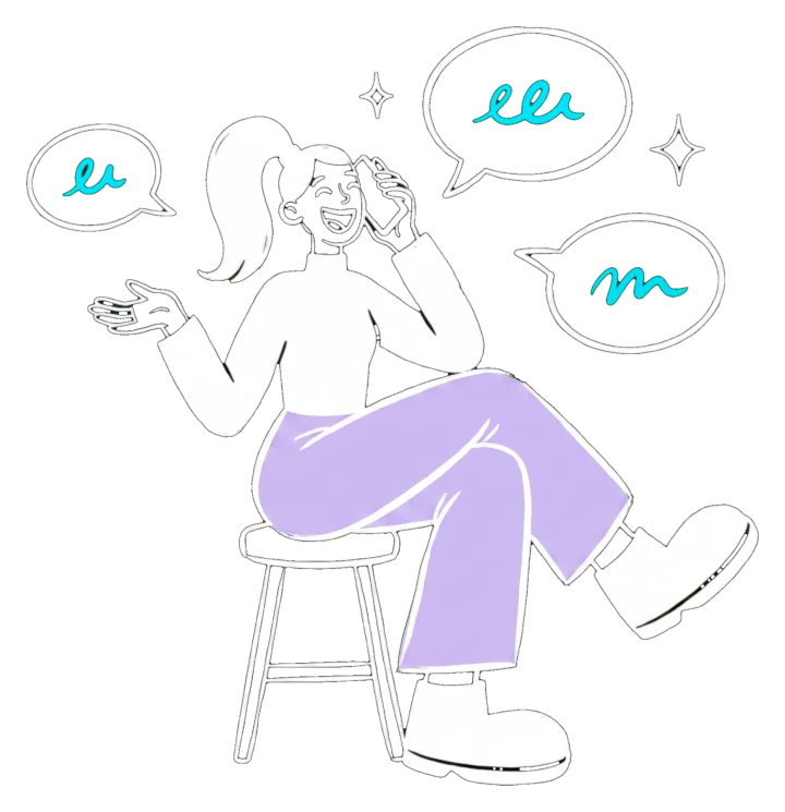 Ink drawing of the designer laughing on the phone