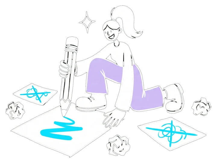 Ink drawing of the designer redrawing a logo, calm, among crumpled sheets
