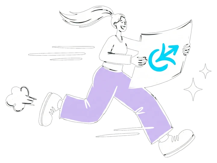 Ink drawing of the designer sprinting with a proof