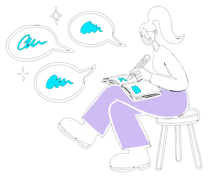 Ink drawing of the designer listening with a notebook on her knee