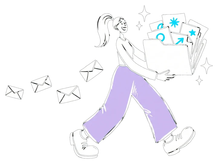 Ink drawing of the designer handing over a folder full of finished files