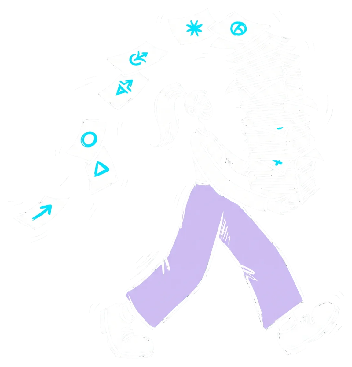 Ink illustration of a designer striding along with a tall stack of finished designs, a few sheets flying off behind her