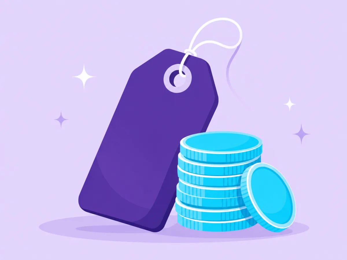 Illustration of a price tag beside a stack of coins