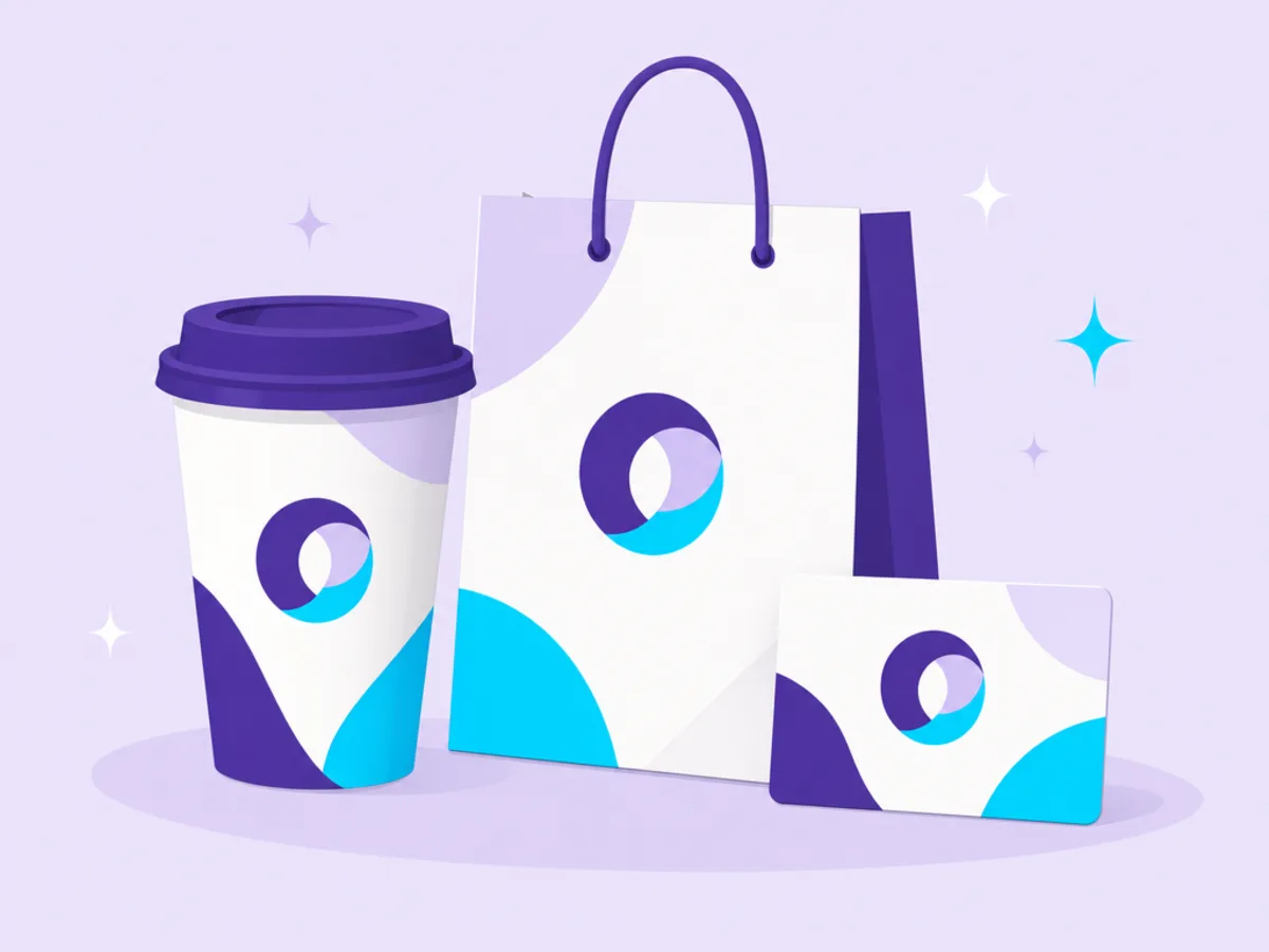 Illustration of a cup, bag, and card sharing one brand mark