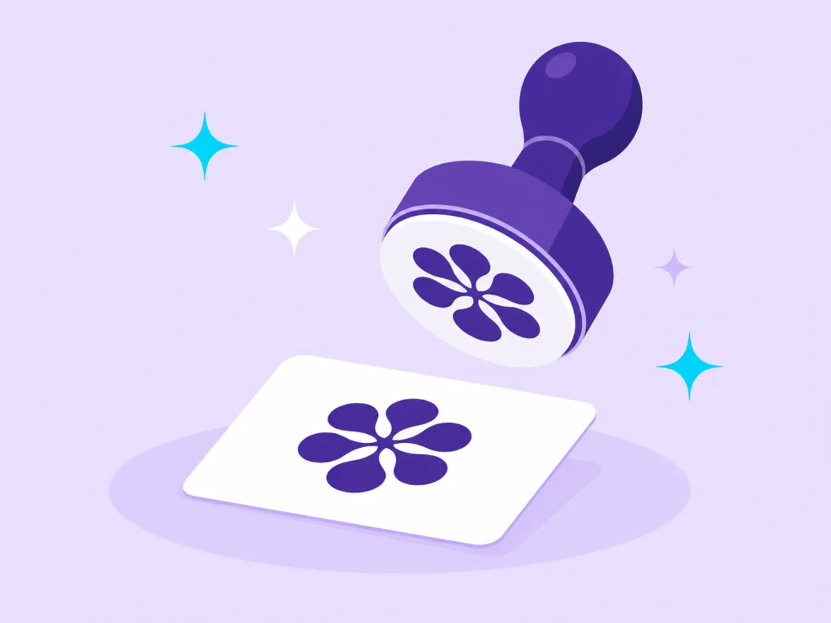Illustration of a rubber stamp pressing a one-color logo onto a card