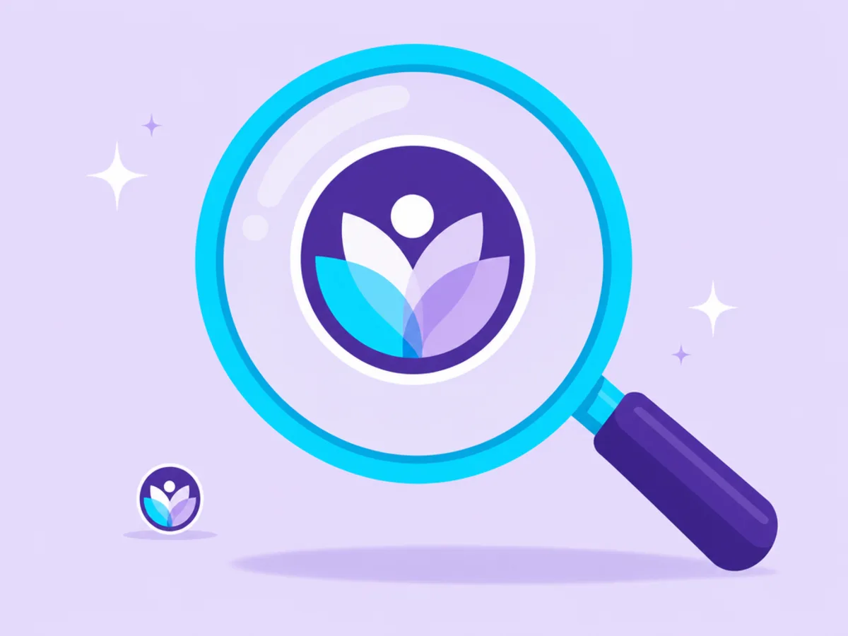 Illustration of a magnifying glass over a tiny logo badge