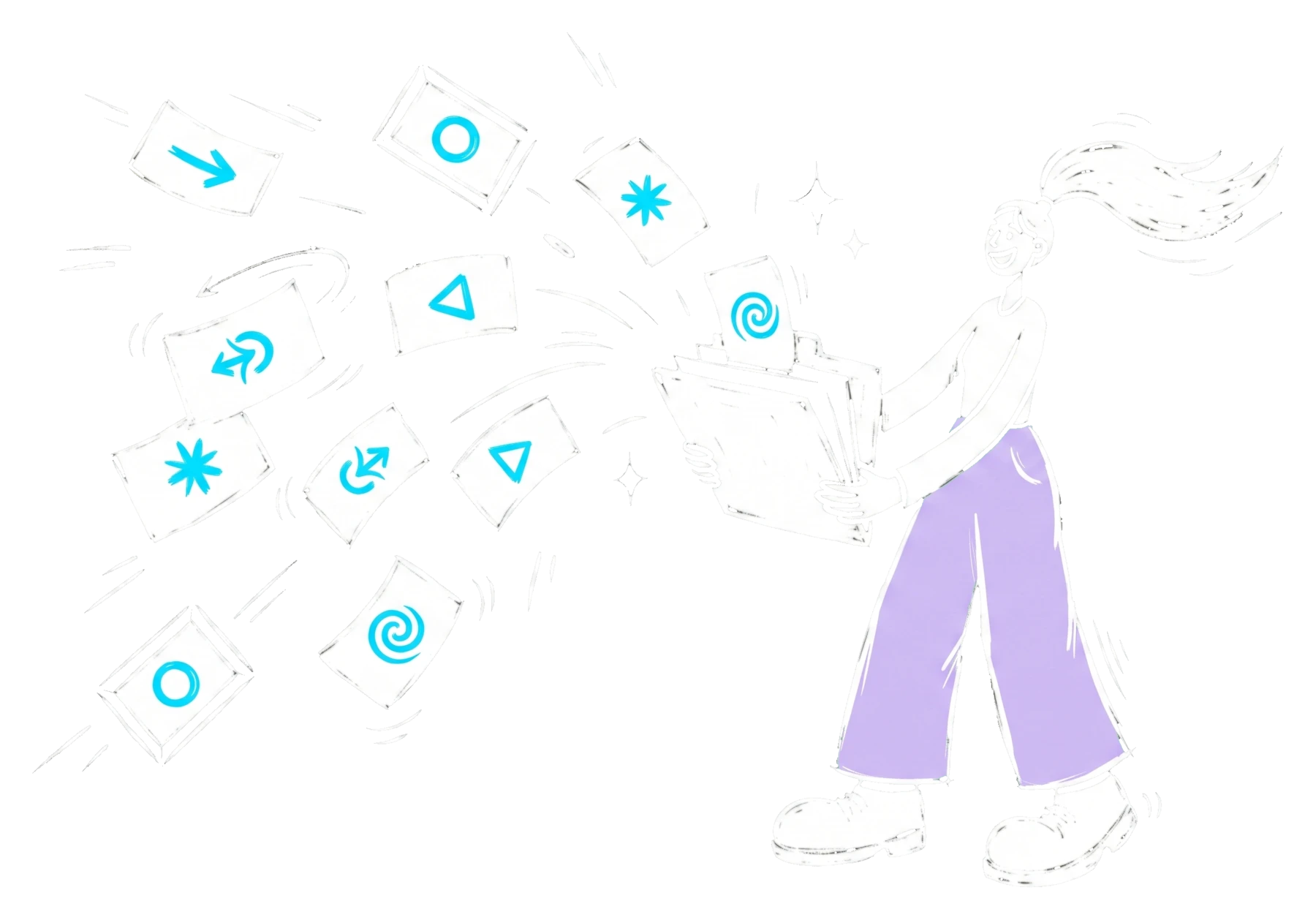 Ink illustration of a designer opening a portfolio as finished brand marks burst out of it